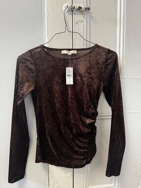 LOFT Dark Brown Velvet Long-Sleeve Side-Ruched Top